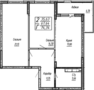 Планировка евротрёшка (3Е) 74.34 м² в ЖК «Спутник», корпус 1