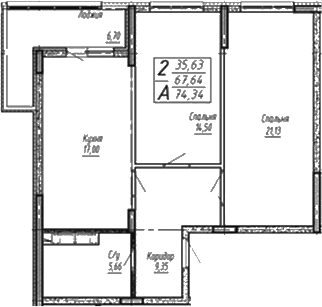 Планировка евротрёшка (3Е) 74.34 м² в ЖК «Спутник», корпус 1