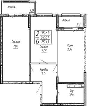 Планировка евротрёшка (3Е) 75.13 м² в ЖК «Спутник», корпус 1