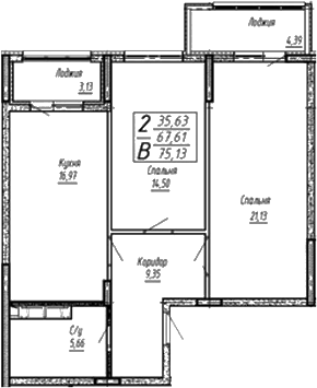 Планировка евротрёшка (3Е) 75.13 м² в ЖК «Спутник», корпус 1