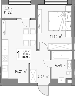 Планировка однокомнатная 36.74 м² в ЖК «Коллекция», корпус 1