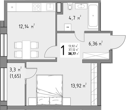 Планировка однокомнатная 38.77 м² в ЖК «Коллекция», корпус 1