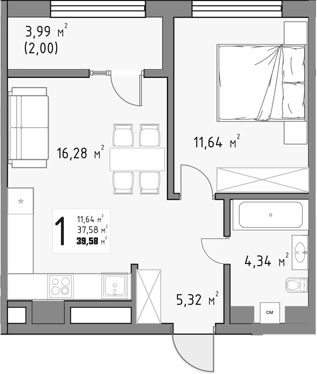 Планировка однокомнатная 39.58 м² в ЖК «Коллекция», корпус 1