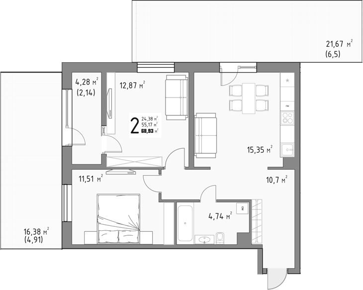 Планировка двухкомнатная 68.93 м² в ЖК «Коллекция», корпус 1
