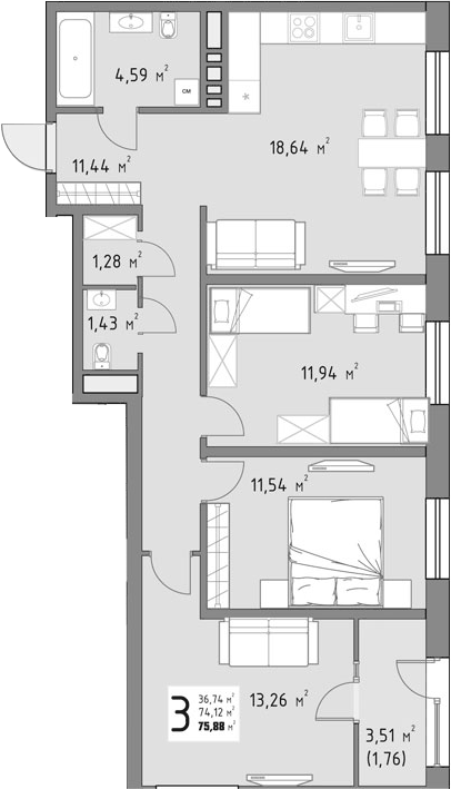 Планировка трёхкомнатная 75.88 м² в ЖК «Коллекция», корпус 1