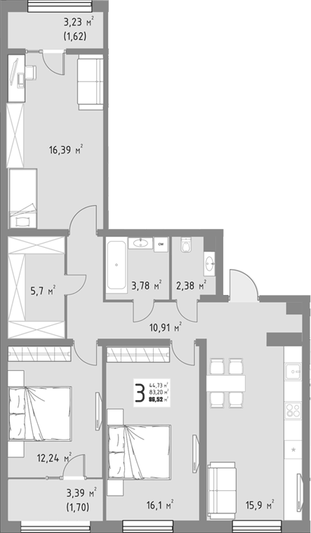Планировка трёхкомнатная 86.52 м² в ЖК «Коллекция», корпус 1