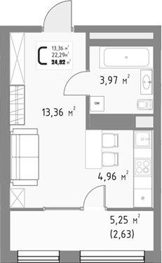 Планировка Студии 24.92 м² в ЖК «Коллекция», корпус 1
