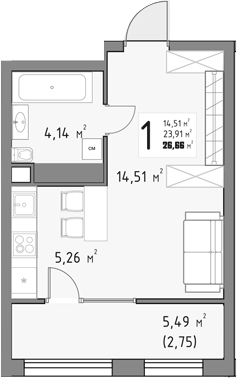 Планировка Студии 26.66 м² в ЖК «Коллекция», корпус 1