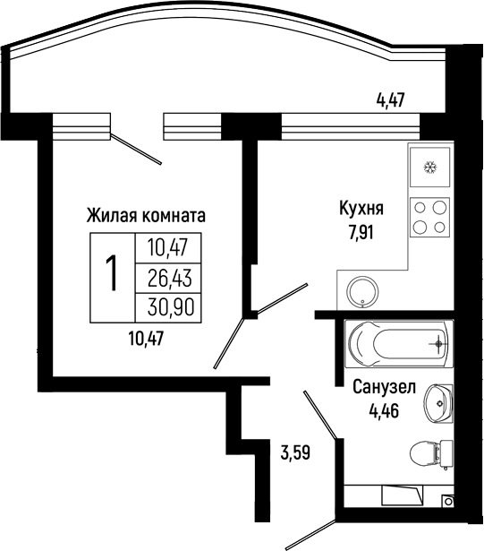 Планировка однокомнатная 30.7 м² в ЖК «Sun Hills Ольгинка», корпус 4