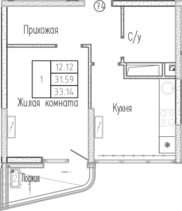 Планировка однокомнатная 33.14 м² в ЖК «Sun Hills Ольгинка», корпус 2