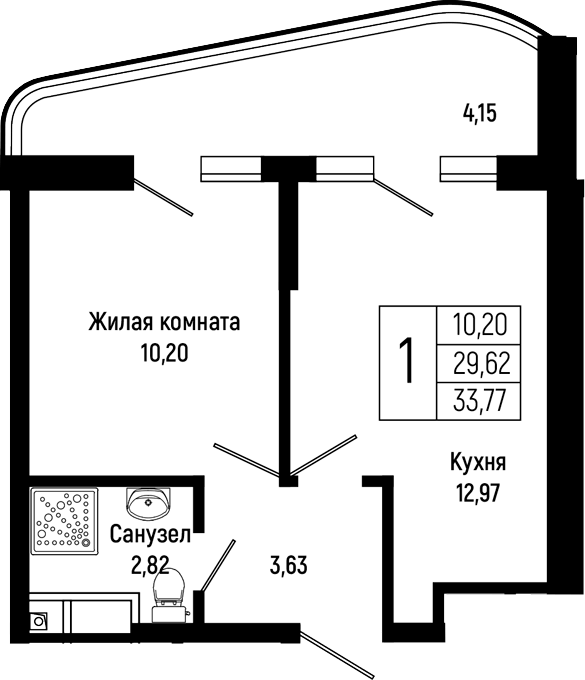 Планировка однокомнатная 33.75 м² в ЖК «Sun Hills Ольгинка», корпус 4