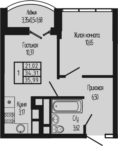 Планировка евродвушка (2Е) 35.99 м² в ЖК «Sun Hills Ольгинка», корпус 3