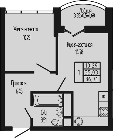 Планировка евродвушка (2Е) 36.71 м² в ЖК «Sun Hills Ольгинка», корпус 3