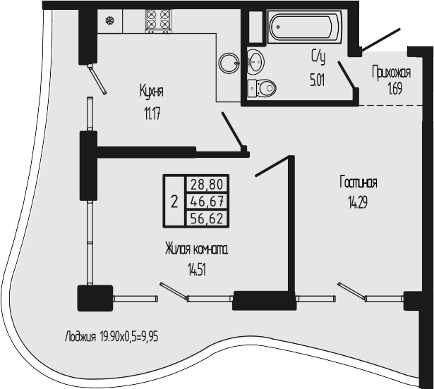 Планировка двухкомнатная 57.65 м² в ЖК «Sun Hills Ольгинка», корпус 3