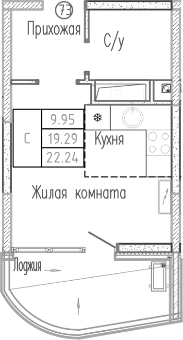 Планировка Студии 22.24 м² в ЖК «Sun Hills Ольгинка», корпус 2