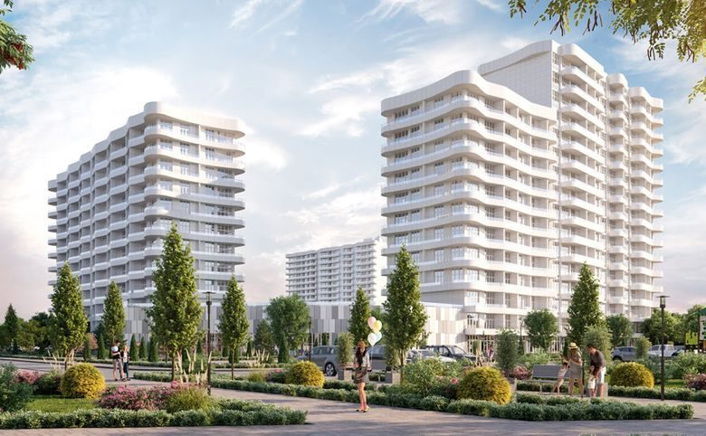 Sun Hills Ольгинка — Двор между корпусами: озеленённый пешеходный бульвар со скам