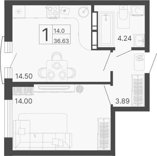 Планировка однокомнатная 36.63 м² в ЖК «Светский лес», корпус 2