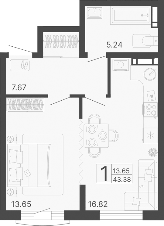 Планировка однокомнатная 43.38 м² в ЖК «Светский лес», корпус 2