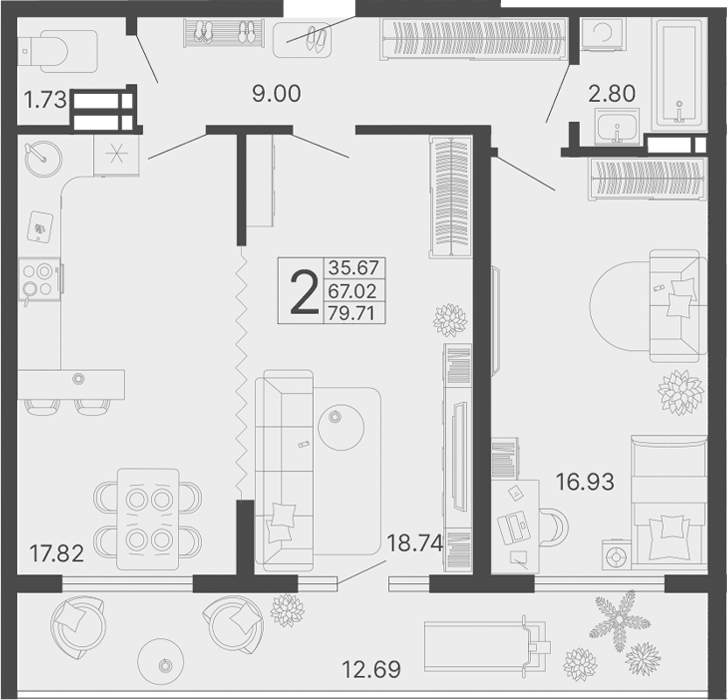 Планировка евродвушка (2Е) 79.71 м² в ЖК «Светский лес», корпус 3