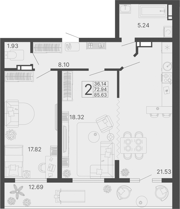 Планировка евродвушка (2Е) 85.63 м² в ЖК «Светский лес», корпус 3