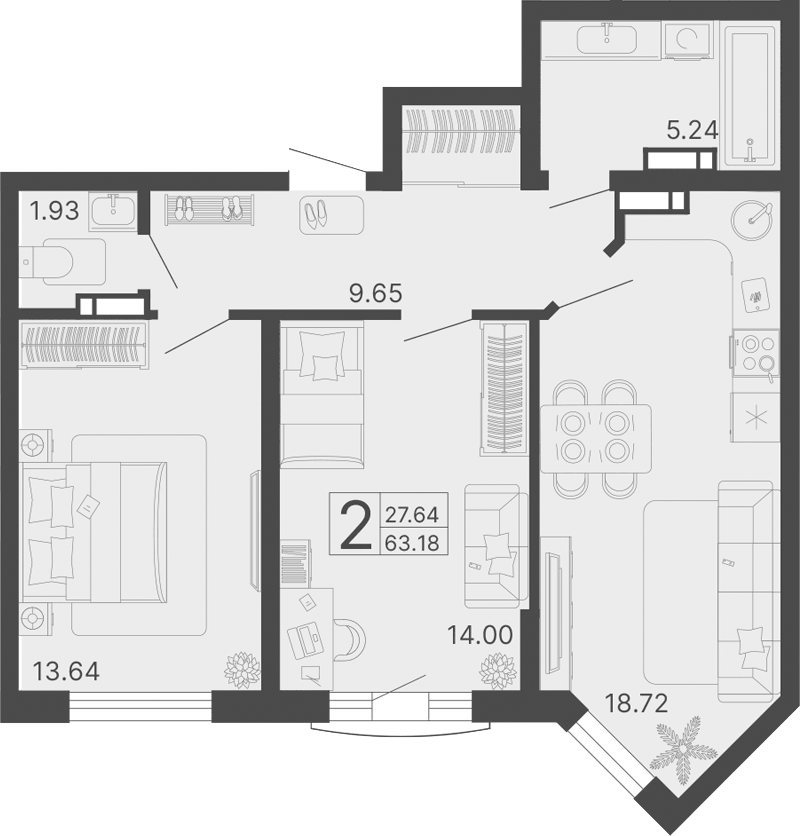 Планировка двухкомнатная 63.18 м² в ЖК «Светский лес», корпус 1
