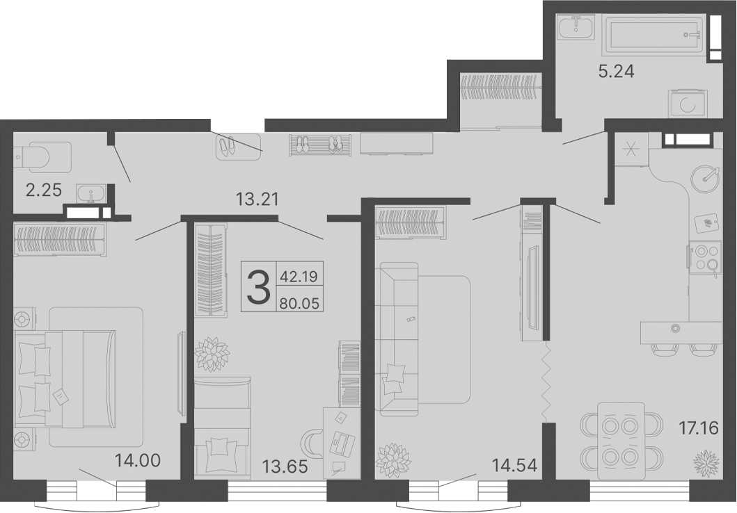 Планировка евротрёшка (3Е) 80.05 м² в ЖК «Светский лес», корпус 3