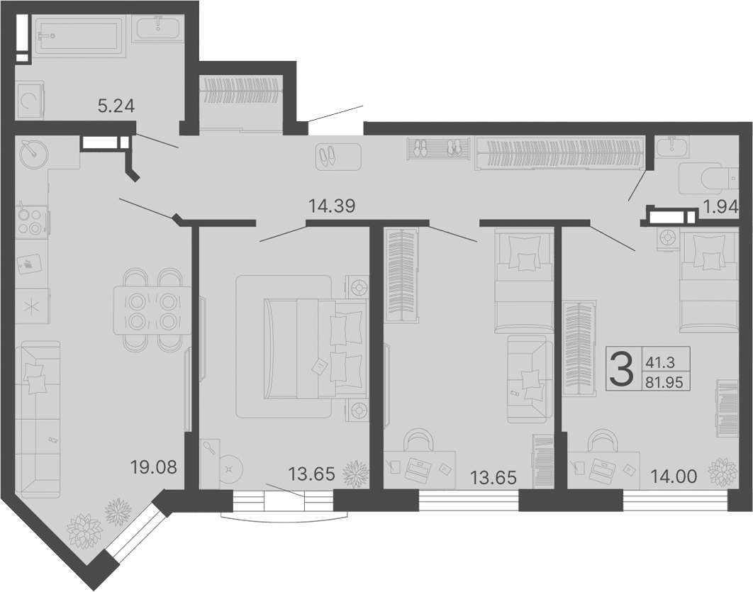 Планировка трёхкомнатная 81.95 м² в ЖК «Светский лес», корпус 2