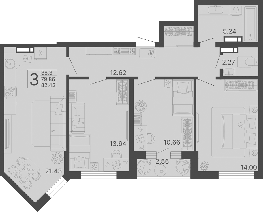 Планировка трёхкомнатная 82.42 м² в ЖК «Светский лес», корпус 1