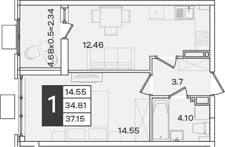 Планировка однокомнатная 37.15 м² в ЖК «Сюжеты», корпус 1