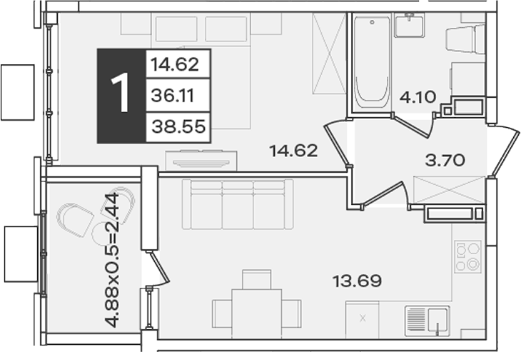 Планировка однокомнатная 38.55 м² в ЖК «Сюжеты», корпус 1