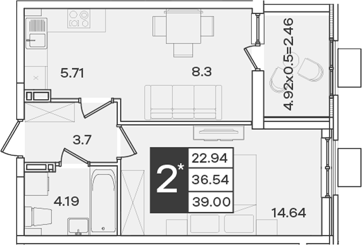 Планировка евродвушка (2Е) 39 м² в ЖК «Сюжеты», корпус 1