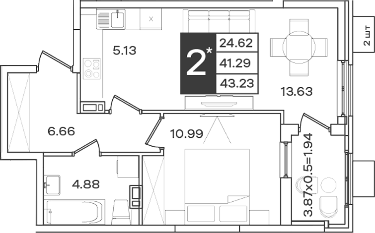 Планировка евродвушка (2Е) 43.23 м² в ЖК «Сюжеты», корпус 1