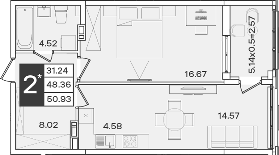 Планировка евродвушка (2Е) 50.93 м² в ЖК «Сюжеты», корпус 1