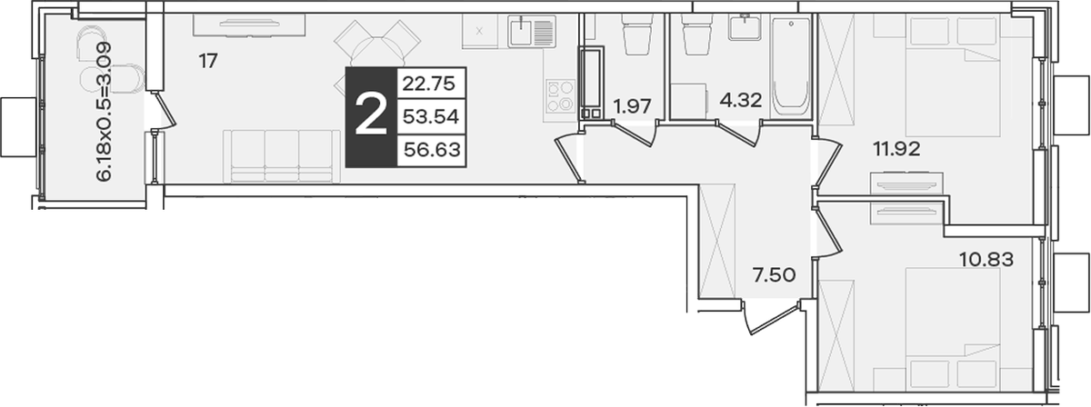 Планировка двухкомнатная 56.63 м² в ЖК «Сюжеты», корпус 1