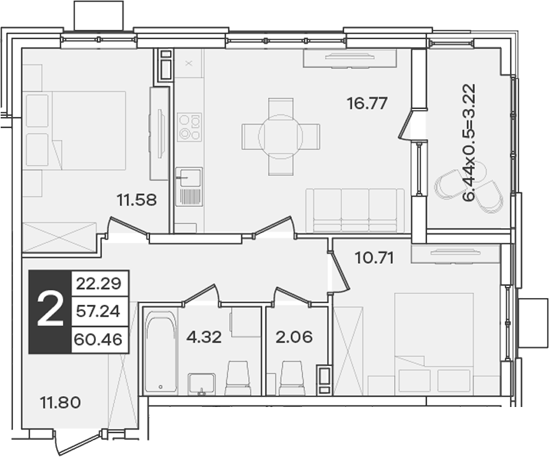 Планировка двухкомнатная 60.46 м² в ЖК «Сюжеты», корпус 1