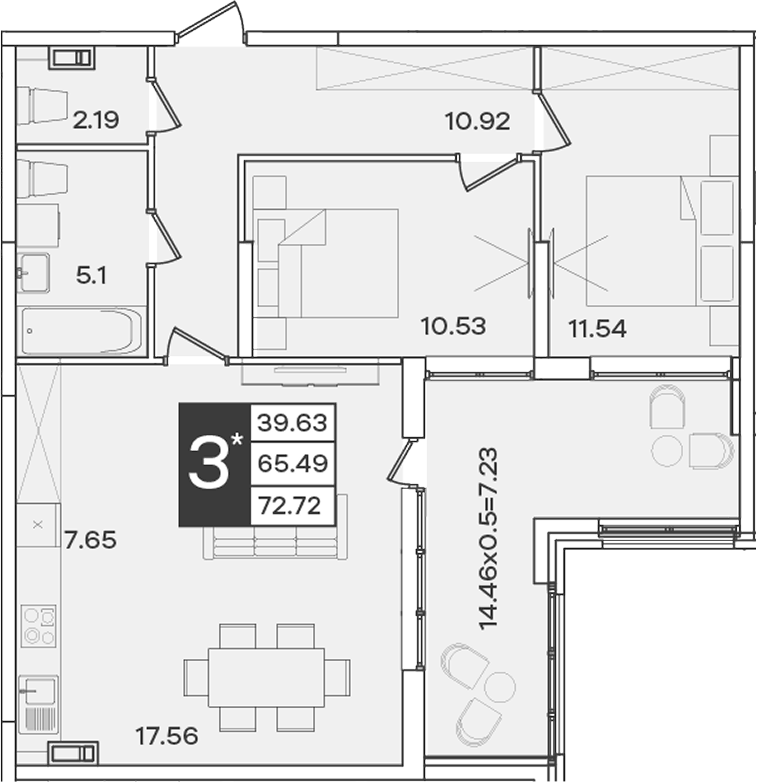 Планировка евротрёшка (3Е) 72.72 м² в ЖК «Сюжеты», корпус 1