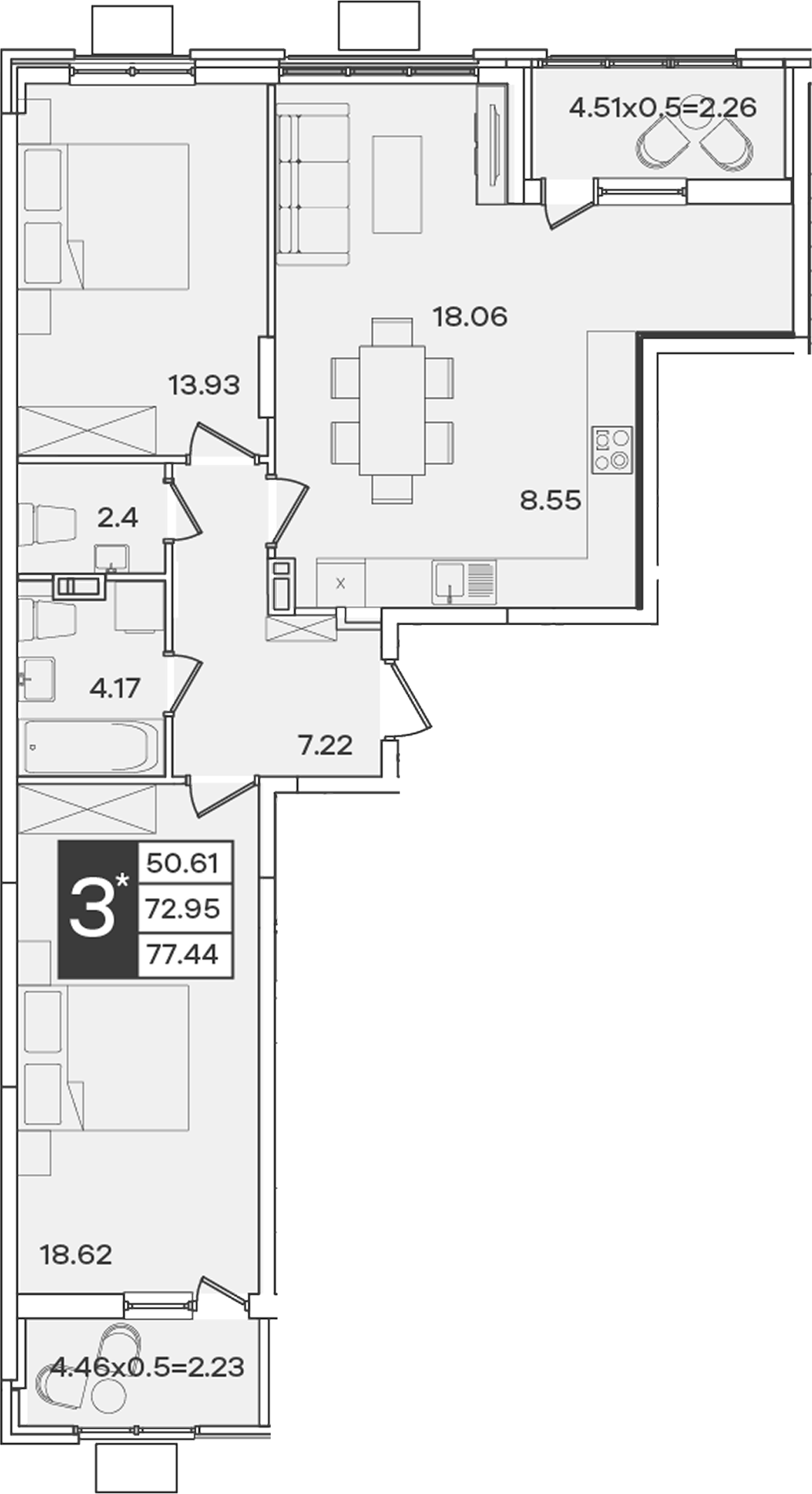 Планировка евротрёшка (3Е) 77.44 м² в ЖК «Сюжеты», корпус 1