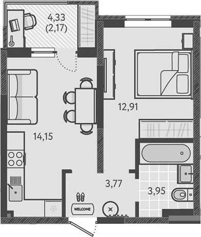 Планировка однокомнатная 36.95 м² в ЖК «Теплые края», корпус 4