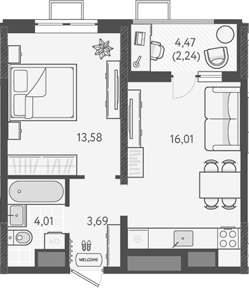 Планировка однокомнатная 39.53 м² в ЖК «Теплые края», корпус 8