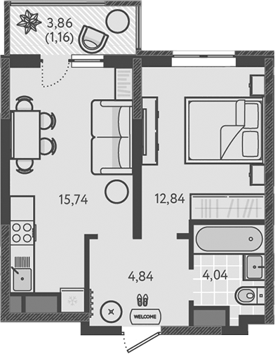 Планировка евродвушка (2Е) 38.62 м² в ЖК «Теплые края», корпус 4