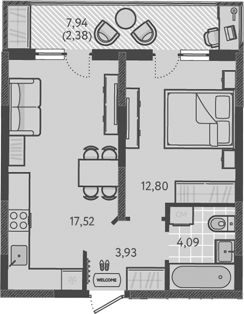 Планировка евродвушка (2Е) 40.72 м² в ЖК «Теплые края», корпус 6