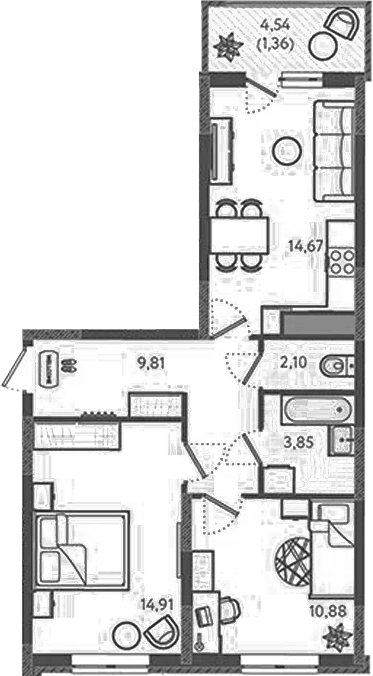 Планировка двухкомнатная 57.58 м² в ЖК «Теплые края», корпус 7