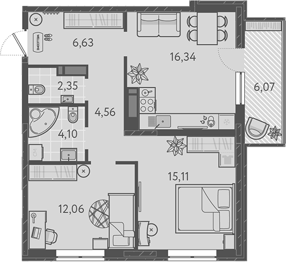 Планировка евротрёшка (3Е) 62.97 м² в ЖК «Теплые края», корпус 1