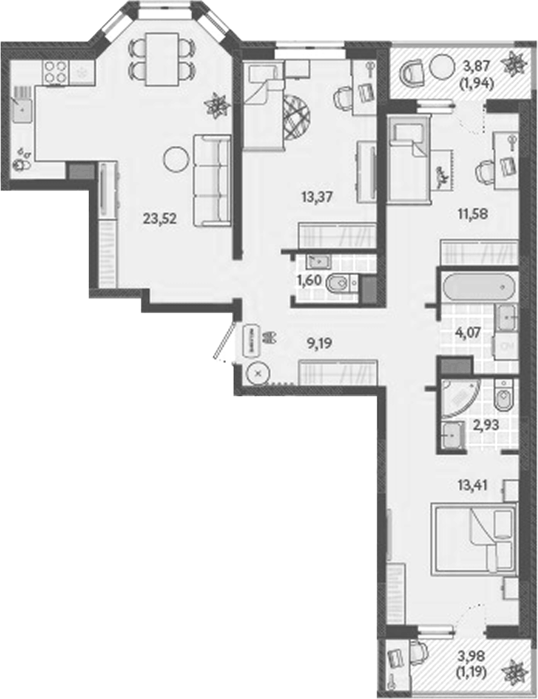 Планировка трёхкомнатная 82.8 м² в ЖК «Теплые края», корпус 9