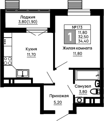 Планировка однокомнатная 34.4 м² в ЖК «Традиции», корпус 5