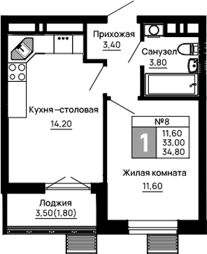 Планировка однокомнатная 34.8 м² в ЖК «Традиции», корпус 6