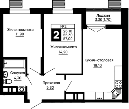 Планировка двухкомнатная 57 м² в ЖК «Традиции», корпус 3