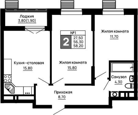 Планировка двухкомнатная 58.2 м² в ЖК «Традиции», корпус 5