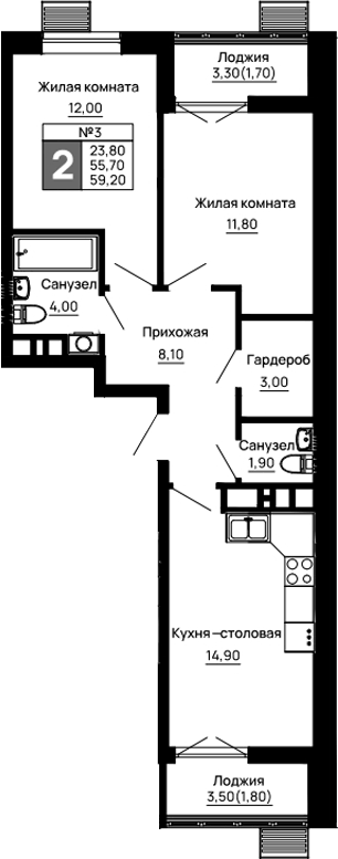 Планировка двухкомнатная 59.2 м² в ЖК «Традиции», корпус 6
