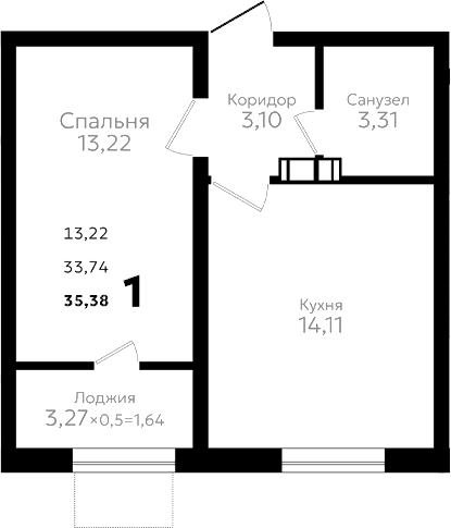 Планировка однокомнатная 35.38 м² в ЖК «Твин парк», корпус 2